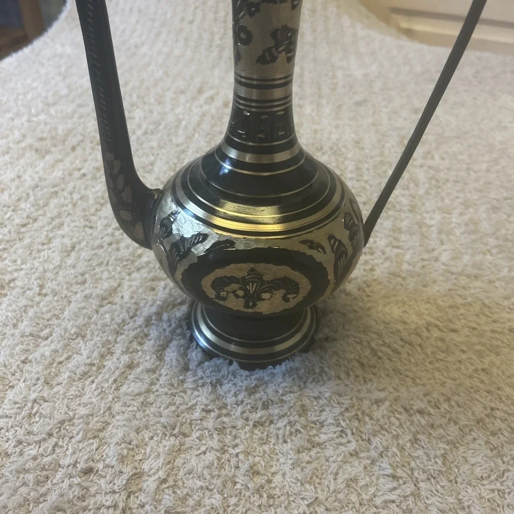 Vintage Brass And Black Etched Surahi Vessel - 18‎ 1/2